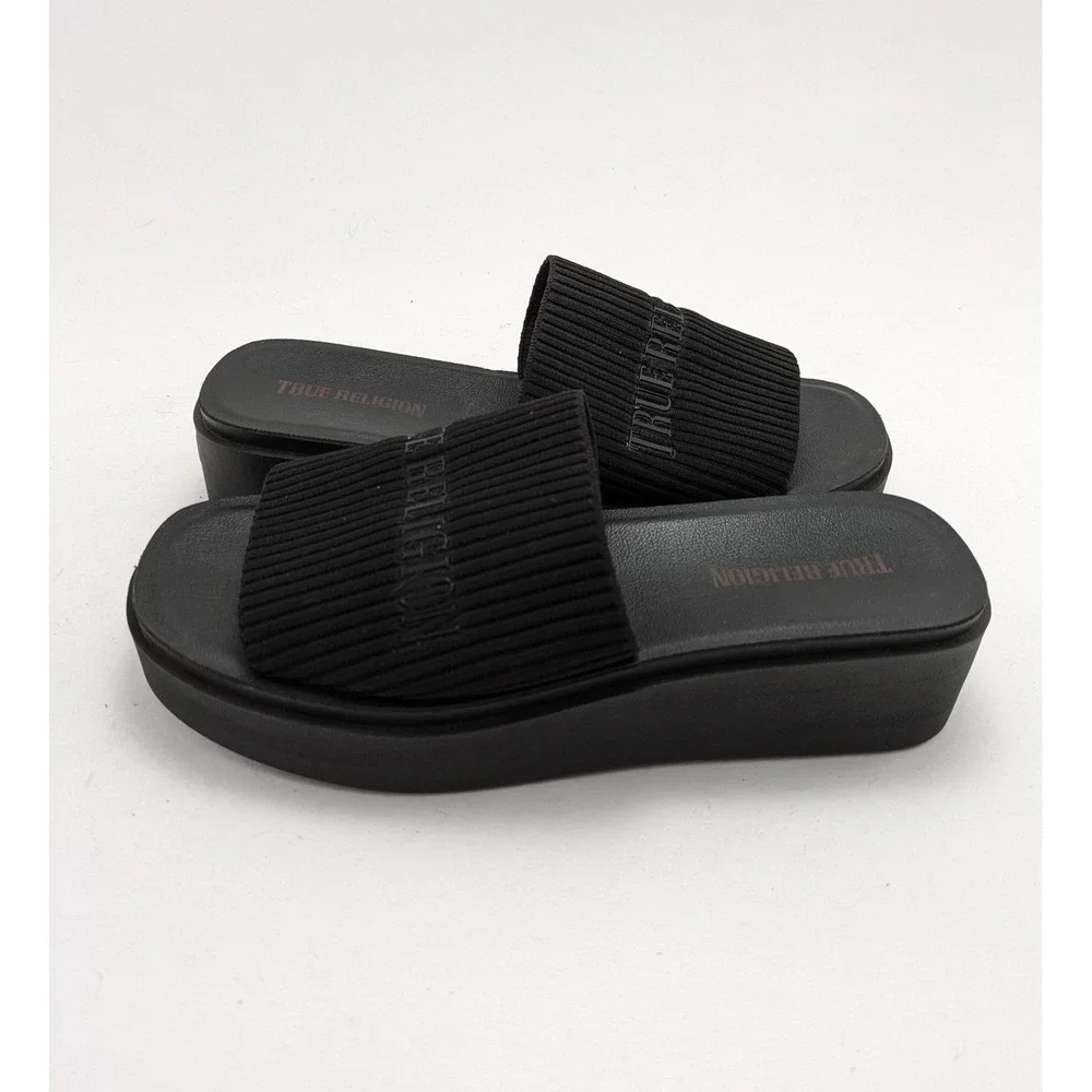 Womens True Religion Jann Black‎ Slip On Mules Fabric Platform Sandals Size 8